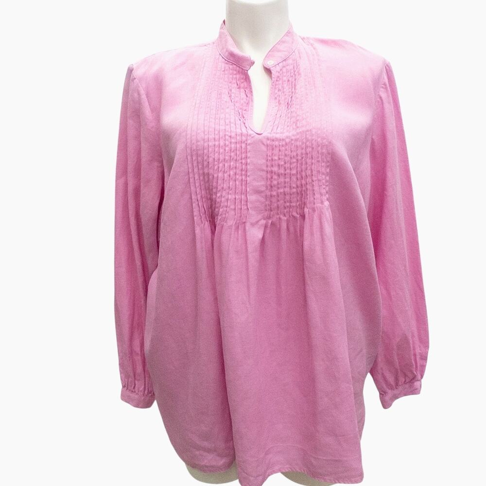 Chaps Pintuck Pleat Linen Tunic Keyhole Neck Cottagecore Lagenlook Pink 2X